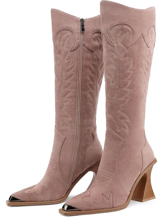 Shoes - Women’s Taupe Pink Knee High Western Embroidered Side Zipper Cowgirl Boots